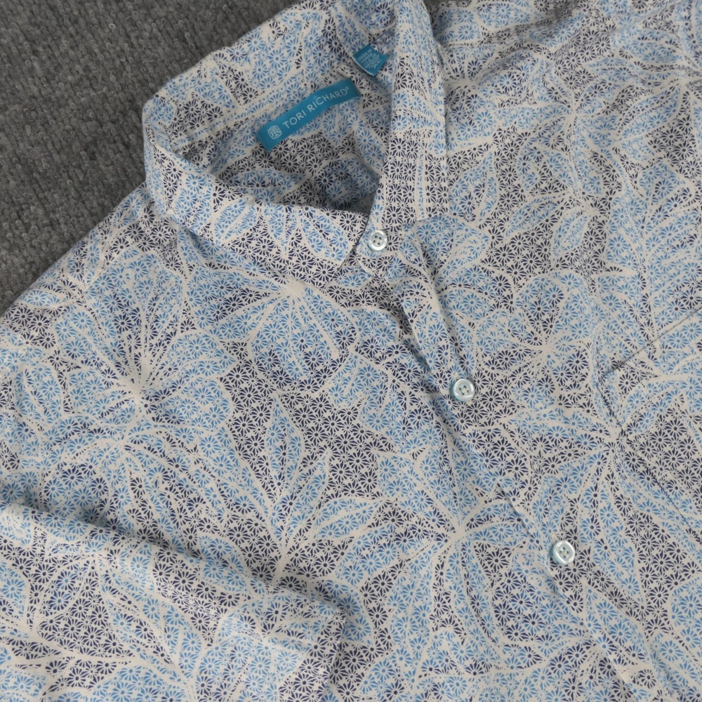 Tori Richard Shirt Mens XL Blue Cotton Tropical Floral Short Sleeve Camp Hawaii